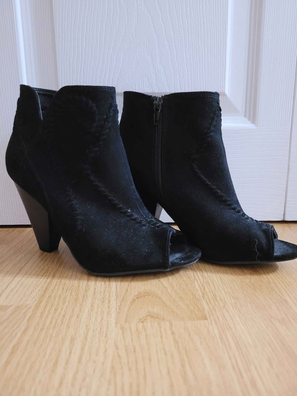 Black Peep-Toe Suede Ankle Booties - Women
